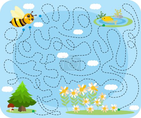 Illustration for Developmental task. Fun Activities and Labyrinths for kids. A bee is looking for flowers. - Royalty Free Image