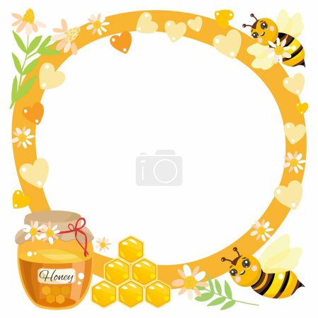 Illustration for Round honey frame. Jar of honey, bees, honeycombs, flowers. Vector illustration. Cartoon style - Royalty Free Image