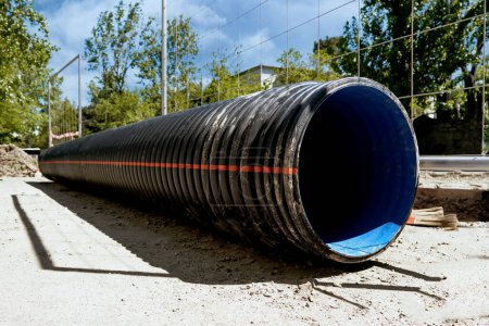 Photo for Close-up a large plastic corrugated pipe for water supply lie on the street in the city. The work of utilities to improve the infrastructure of the metropolis. - Royalty Free Image