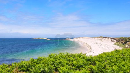 Téléchargez les photos : Panoramic view of the beautiful beach of Ile Saint Nicolas, main island of the famous Glenan archipelago located off the Brittany coast of Concarneau in the Morbihan department in western France - en image libre de droit