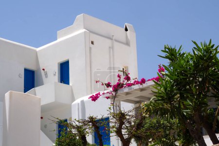 Foto de Hermosa casa con paredes de buganvillas florales blancas y puertas azules, en Mykonos, una famosa isla del archipiélago de las Cícladas en el corazón del mar Egeo - Imagen libre de derechos