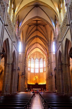 Téléchargez les photos : La nef de la cathédrale du Bon Pasteur de Donostia-Saint-Sébastien, au cœur du verdoyant Pays Basque espagnol, a une longueur totale de 64 mètres, avec une hauteur de voûte de 25 mètres - en image libre de droit