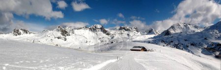 Photo for Panoramic view of the ski slopes of the famous La Plagne-Bellecote ski resort in the heart of the French Alps in the Tarentaise valley at the foot of Mont Blanc - Royalty Free Image