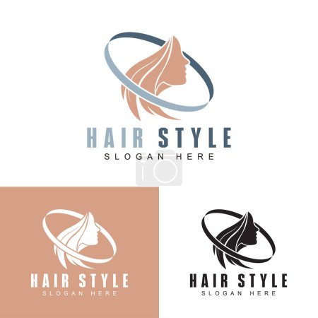 Téléchargez les illustrations : Hair salon logo design template. Woman face sign. Vector illustration - en licence libre de droit
