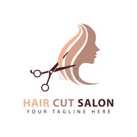 Téléchargez les illustrations : Woman hair cutting salon logo design template. Beautiful hairstyle sign. - en licence libre de droit