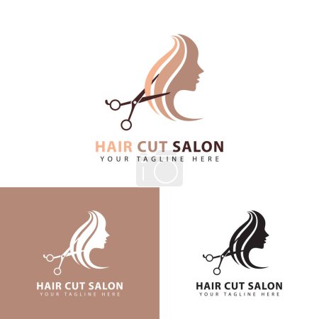 Téléchargez les illustrations : Woman hair cutting salon logo design - en licence libre de droit