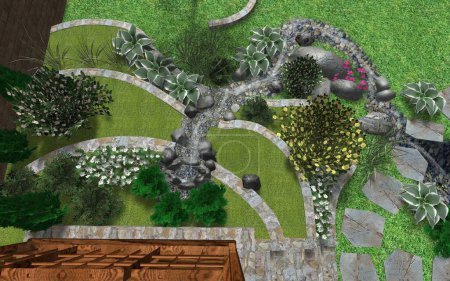 Téléchargez les photos : Image 3D de la conception du petit jardin. Terrasse en pierre avec des plantes près d'une maison privée. Une solution intéressante en lignes lisses. - en image libre de droit