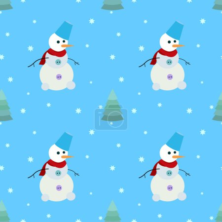 Téléchargez les photos : Modèle pour Noël - bonhommes de neige drôles et arbres de Noël sur un fond bleu. Une excellente option pour l'emballage de cadeaux. Conception simple et détails minimums - en image libre de droit