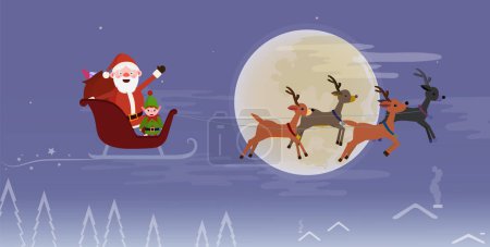 Téléchargez les photos : Image de bande dessinée - Le Père Noël et un elfe volent sur un traîneau tiré par des rennes au-dessus de la ville. La veille de Noël. Carte de voeux, flyer, économiseur d'écran - en image libre de droit