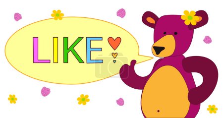 Téléchargez les illustrations : Vous voyez une image d'un ours lilas joyeux montrant "Super" et demandant un "comme" - en licence libre de droit