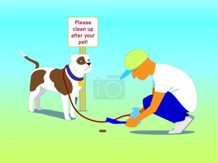 Illustration for A young man cleans up after his Spanish Mastiff near a sign that says "Please clean up after your pet." - Royalty Free Image