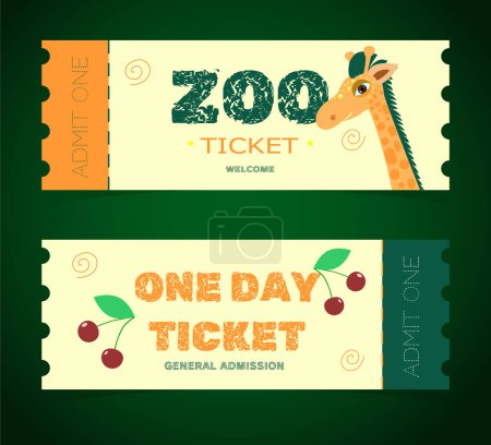 Ilustración de Un boleto para el zoológico con un diseño simple pero colorido. Diseño de doble cara con una jirafa alegre en la página principal. Se puede utilizar como folleto, anuncio, invitación - Imagen libre de derechos