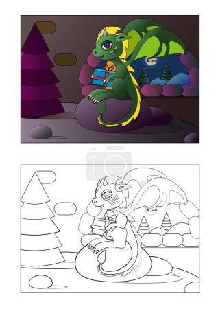 Illustration for Funny coloring book with a green dragon - a symbol of 2024. Merry Christmas and Happy New Year. A gift for those who love creativity and enjoy coloring. - Royalty Free Image