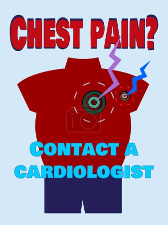 Illustration for Visual aid, poster for a cardiologists office, medical website. Chest pain - be careful, it may be due to heart disease. Contact your doctor - Royalty Free Image