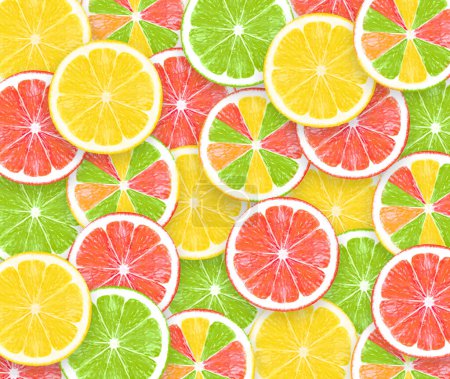 Farbige geschnittene Zitronen Hintergrund, Textur aus frischen gelben, grünen, roten Früchten, kreatives Konzept