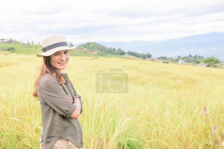 Photo for Asian Woman with Pa Bong Piang Rice Terraces at Chiang Mai Province, Thailand. - Royalty Free Image