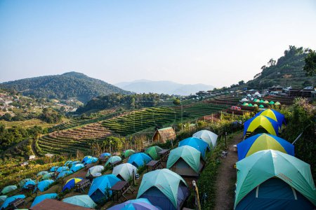 Photo for The creel yard camping with mountain view at Mon Cham, Chiangmai province. - Royalty Free Image