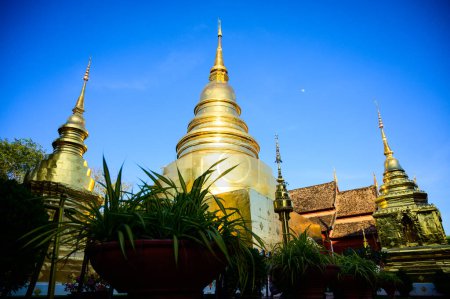 Photo for Ancient golden pagoda and Lanna style church at Wat Phra Singh temple, Chiang Mai province. - Royalty Free Image