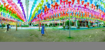 Photo for LAMPHUN, THAILAND - October 28, 2020 : Panorama View of Phra That Hariphunchai Pagoda with Beautiful Lantern in Lamphun Lantern Festival, Lamphun Province. - Royalty Free Image