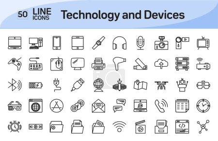 Téléchargez les illustrations : Technologie et appareils Line Icons Pack - en licence libre de droit