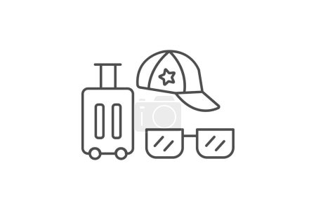 Illustration for Travel Accessories icon, gear, travel gear, travel essentials, accessories for travel thinline icon, editable vector icon, pixel perfect, illustrator ai file - Royalty Free Image