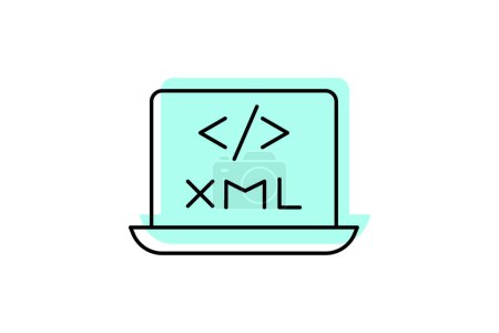 Icono XML, extensible, marcado, idioma, icono de línea delgada de sombra de color de datos, icono de vector editable, píxel perfecto, archivo ai ilustrador
