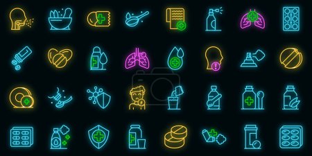 Illustrazione per Set di icone per gocce di tosse. Outline set di gocce tosse icone vettoriali colore neon su nero - Immagini Royalty Free