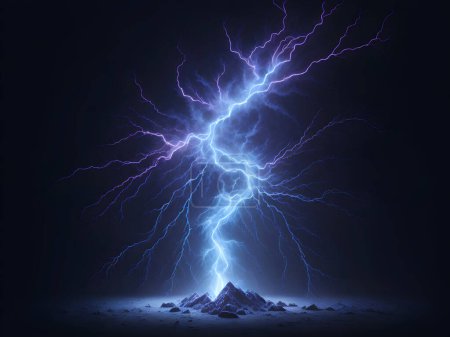 Blue electric lightning on black background. Lightning over rocks. 3d rendering, 3d illustration