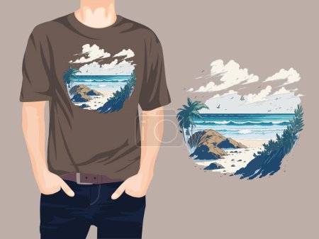 Photo for Tropical beach with palm trees and rocks, vector illustration t-shirt design - Royalty Free Image