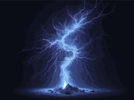 Blauer elektrischer Blitz auf schwarzem Hintergrund. Blitze über Felsen. 3D-Darstellung, 3D-Illustration