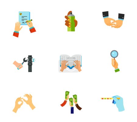 Illustration for Hands icon set. Signing job contract Graffiti spray Depicting hands Pipe repair Braille book Bidder hand Sign language Raising money Medical test - Royalty Free Image