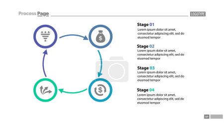 Illustration for Four stages cycled process chart template with descriptions. Diagram, strategy, plan. Concept for presentation, templates, annual report. Can be used for topics like business, finance, banking - Royalty Free Image