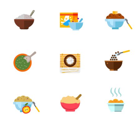 Illustration for Healthy breakfast icon set. Porridge Flakes Pack Buckwheat Bowl With Seeds Rice With Chopsticks Cereal Chocolate Balls Cornflakes Oatmeal - Royalty Free Image