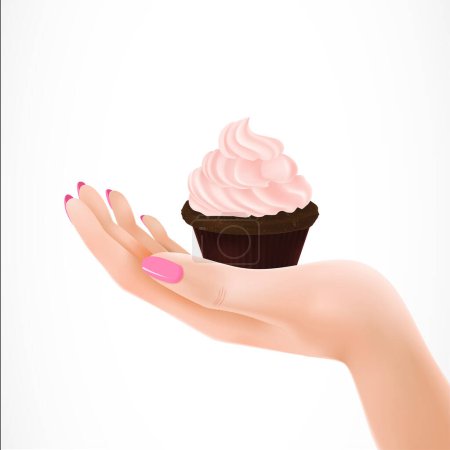 Ilustración de Ilustración realista de cupcake cameo crema rosa en la palma de la mujer. Cocinar, sabroso postre, tratar. Concepto de celebración. Elemento de diseño para tarjetas de felicitación, carteles, folletos y folletos - Imagen libre de derechos