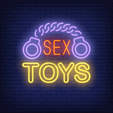 Illustration for Handcuffs with Sex Toys lettering. Neon sign on brick background. Sex shop, electric sign, nightclub. Erotica concept. For topics like entertainment, love, business - Royalty Free Image