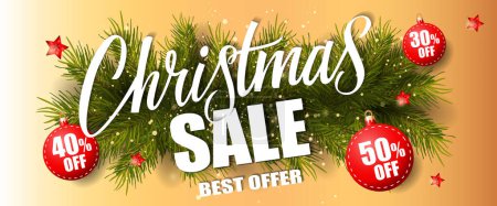 Illustration for Christmas sale, best offer lettering with fir sprigs and poinsettia on gold background. Inscription can be used for leaflets, festive design, posters, banners. - Royalty Free Image
