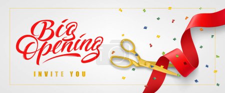 Illustration for Big opening, invite you festive banner design in frame with confetti and gold scissors cutting red ribbon on white background. Lettering can be used for invitations, signs, announcements. - Royalty Free Image