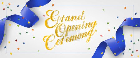 Illustration for Grand opening ceremony festive banner design in frame with confetti and blue streamer on white background. Lettering can be used for invitations, signs, announcements - Royalty Free Image