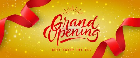 Illustration for Grand opening, best party for all festive banner design with red streamer on yellow glittering background. Lettering can be used for invitations, signs, announcements. - Royalty Free Image