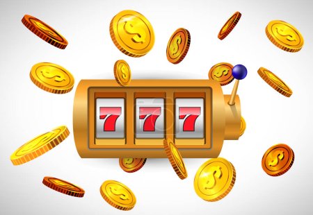 Lucky seven slot machine and flying golden coins. Casino business advertising design. For posters, banners, leaflets and brochures.