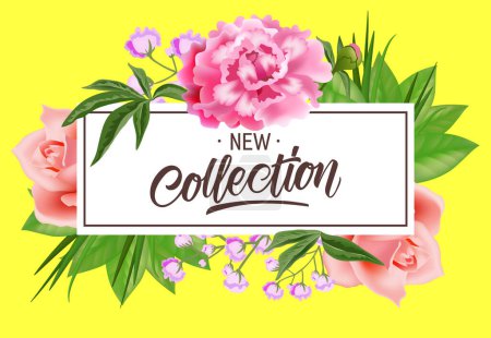 Illustration for New collection lettering in frame with flowers. Summer offer or sale advertising design. Handwritten and typed text, calligraphy. For leaflet, brochure, invitation, poster or banner. - Royalty Free Image