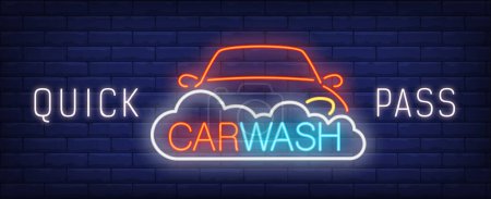 Téléchargez les illustrations : Quick pass car wash neon sign. Automobile in foam and colorful inscription. Night bright advertisement. Vector illustration in neon style for car cleaning service or facility - en licence libre de droit