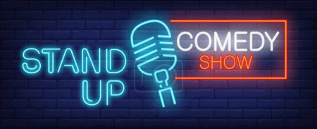 Stand up Comedy show neon sign. Blue microphone on brick wall. Night bright advertisement. Vector illustration in neon style for entertainment and comedian