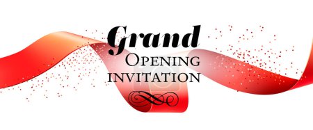Illustrazione per Grand opening invitation, banner design with red ribbon, swirls and confetti. Festive template can be used for invitation cards, flyers, posters. - Immagini Royalty Free
