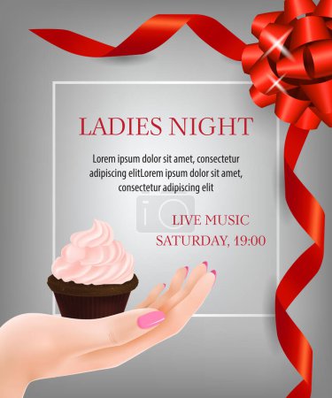 Téléchargez les illustrations : Ladies night lettering with ribbons and dessert. Party invitation design. Typed text, calligraphy. For leaflets, brochures, invitations, posters or banners. - en licence libre de droit