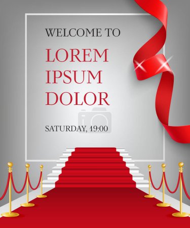 Illustration for Welcome to lettering with red carpet entrance. Party invitation design. Typed text, calligraphy. For leaflets, brochures, invitations, posters or banners. - Royalty Free Image