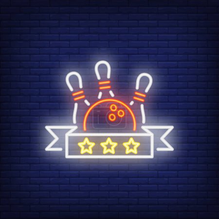 Illustration for Bowling rating neon sign. Bowling pins and ball against scroll with three stars. Night bright advertisement. Vector illustration in neon style for game and competition - Royalty Free Image