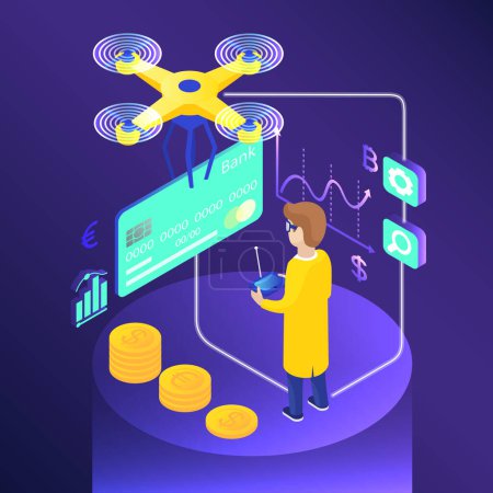 Illustration for Isometric credit card delivery. Drone pilot, stacks of coins, currency rate. Banking concept. Infographic isometric vector illustration on violet background - Royalty Free Image