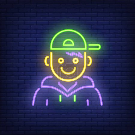 Illustration for Rapper neon sign. Luminous signboard with teenager. Night bright advertisement. Vector illustration in neon style for urban culture, party, singer - Royalty Free Image