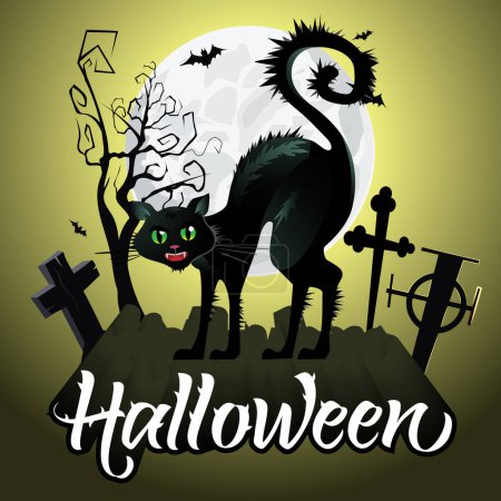 Halloween-Schriftzug. Zischende schwarze Katze auf Friedhof, Fledermäuse und Mond auf gelbem Hintergrund. Hintergrund der Halloween-Nacht. Vektor-Illustration kann für Poster, Flyer, Grußkarten, Webseiten verwendet werden